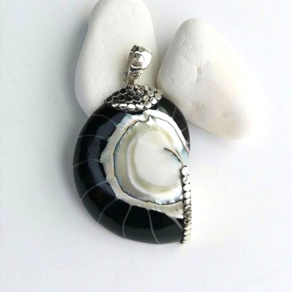 NEW Sterling Silver Nautilus Shell pendant in black